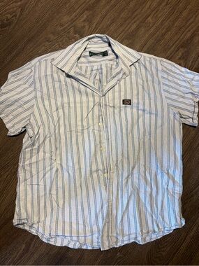 Casual Short-Sleeve Button-Down Shirt - White with Blue Stripes